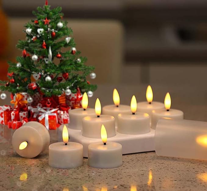 Rechargeable LED Tea Lights, Flickering Flameless Candles with Remote Timer, 12 PCS Electric Battery Operated Candles with Charging Base for Christmas Weddings Decorative (Black Wick)