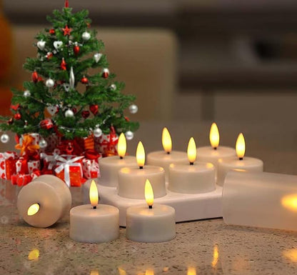 Rechargeable LED Tea Lights, Flickering Flameless Candles with Remote Timer, 12 PCS Electric Battery Operated Candles with Charging Base for Christmas Weddings Decorative (Black Wick)