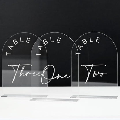 JINMURY Clear Arch Wedding Table Numbers 1-10 with Stands, 5x7 Inch Acrylic Arch Sign with White Lettering, Clear Acrylic Table Numbers for Wedding Reception
