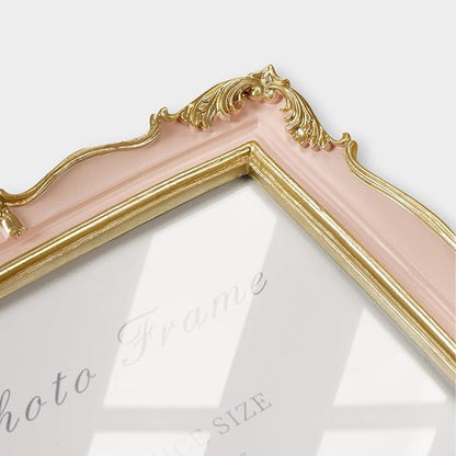 Cuspin Vintage Pink 5x7 Picture Frame, Pink and Gold 5 by 7 Antique Photo Frames, Ornate Textured Hand-Crafted Resin Frame with Glass Front for Tabletop Display, Retro Design Home Decor