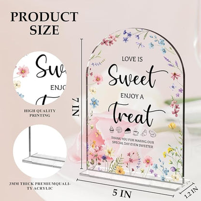 Wedding Signs Decor, Love is Sweet Sign for Dessert Table, Wedding Supplies 5x7 Inch, Wedding Signs for Ceremony And Reception, Arch Acrylic Table Sign for Anniversary, Bridal Shower Decor (Flower)
