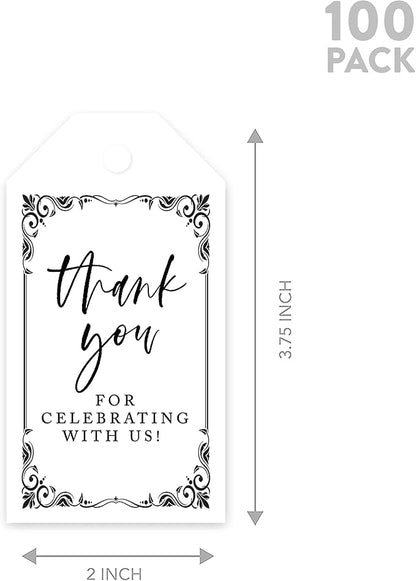 Andaz Press 100-Pack Thank You for Celebrating with Us Favor Tags Art Deco Cardstock Gift Tags with Bakers Twine for Wedding Baby Shower Bridal Shower Birthday Party Favors 2 x 3.75-Inches