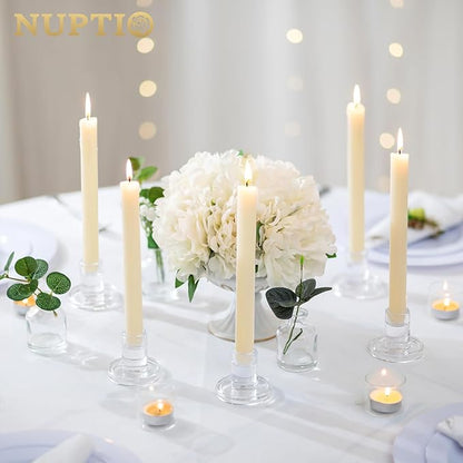 NUPTIO Glass Candle Stick Holder: Set of 10 Clear Small Taper Candlestick Holders for Tapered Candles Bulk Crystal Short Tapers Candlesticks Candleholder for Dining Table Fireplace Mantle Decor