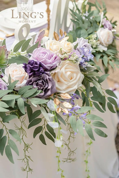 Ling's Moment 9FT Flower Garland for Backdrop Decorations - Wedding Arch Flowers, Eucalyptus & Rose, Artificial Floral Garland for Mantel - Sweetheart Table Decor for Ceremony Reception, Lilac & Gold