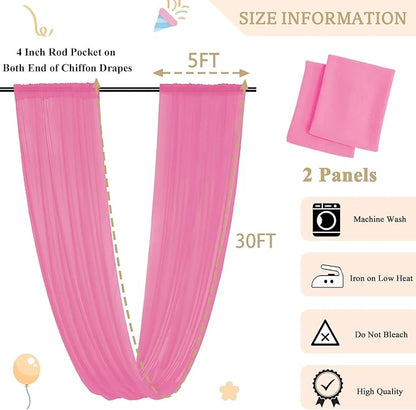 MODFUNS Pink Wedding Drapes 5x30ft 2 Panels Wedding Arch Draping Fabric Chiffon Semi Sheer Drapery Curtain Ceiling Covering Fabric for Party Banquet Decorations
