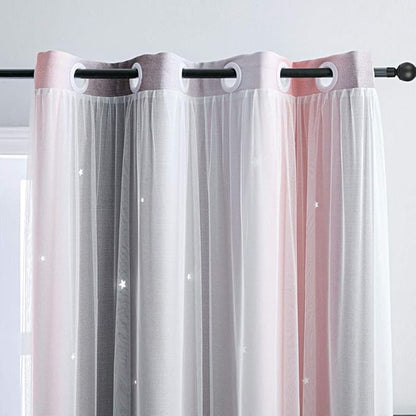 FANLI Ombre Rainbow Blackout Curtains for Kid Girls Bedroom Living Room Darking Stripe Double Layer Star Cut Out Wall Home Decor Gradient Grommet Window Curtains (Pink/Grey, 52W x 84L)