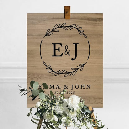 Andaz Press Large Wooden Welcome Sign for Wedding Rustic Welcome Sign 16" x 20" Custom Monogram & Date Laurel Wreath Wedding Signage English Oak MDF Wood Finish Wedding Reception Indoor Outdoor Signs