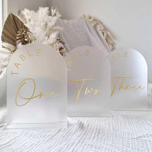 JINMURY Frosted Arch Wedding Table Numbers 1-10 with Stands, 5x7 Inch Acrylic Arch Sign with Golden Lettering, Frosted Acrylic Table Numbers for Wedding Reception