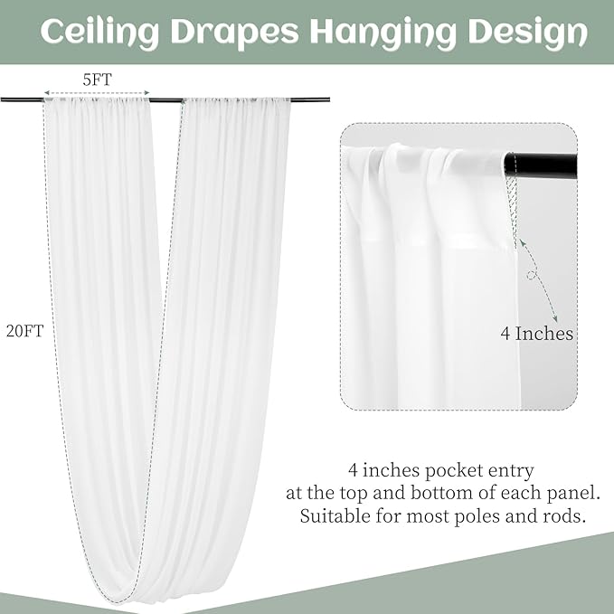 6 Panels White Ceiling Drapes 5ftx20ft Extra Long Wedding Ceiling Drapes Chiffon Fabric Arch Draping Sheer Curtains Soft Drapery Draping Wedding Ceiling Decorations for Party Ceremony Stage Swag