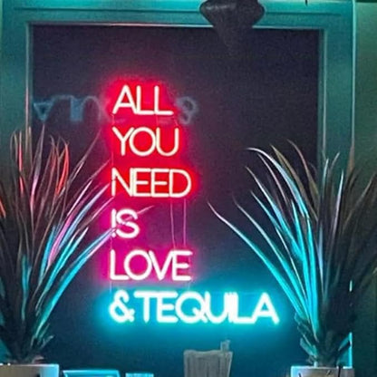 All You Need Is Love & Tequila Neon Sign, Custom Bar Neon Light Home Bar Cocktail Wall Decor Quote Tequila Alcohol Sign USB Size:14x10inch