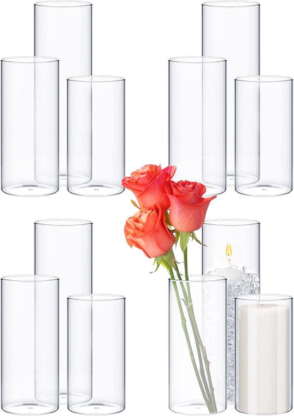 Sawysine 12 Pcs Glass Cylinder Vases 2.5''/2.95''/3.9'' Diameter Clear Flowers Vase Hurricane Floating Candles Holders for Table Centerpieces (3.9 x 8 in,3.9 x 10 in,3.9 x 12 in)
