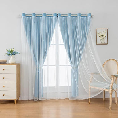 FANLI 2 Panels Star Blackout Curtains for Kid Girls Bedroom Living Room Darking Stripe Double Layer Star Cut Out Wall Home Decor Gradient Grommet Window Curtains (Blue 95L)