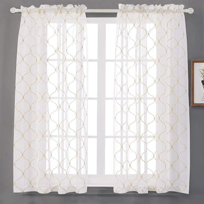 Sheer Curtains Gold 45 Inches, Embroidered Wave Diamond Rod Pocket Voile Drapes for Living room, Bedroom, Window Treatments Semi Curtain Panels for Yard, Patio, Villa, Parlor, Set of 2, 52"x 45".