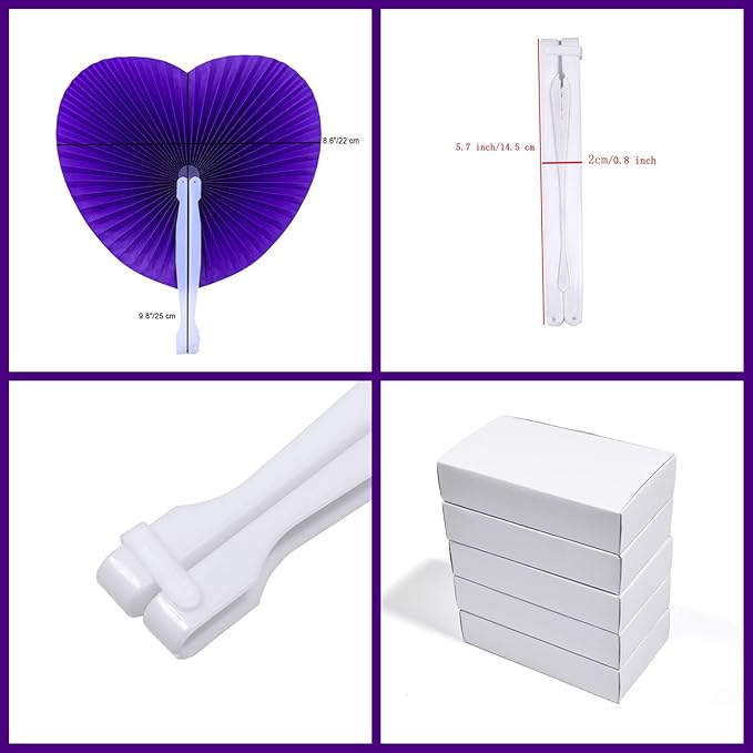 12 Packs Decorative Paper Folding Hand Fans Handheld,Purple Heart Foldable Wedding Fans Chinese and Japanese Fans Bulk for Bridal Guest Church Party Favors Dancing Birthday DIY