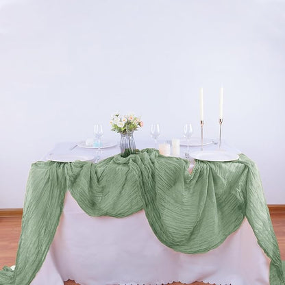 16PCS Sage Green Cheesecloth Boho Gauze Table Runner - 35x120Inch, Long, Rustic, Sheer for Wedding Party, Bridal Shower, Baby Table Decor