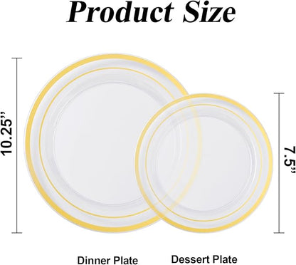 200PCS Clear Gold Plastic Plates Set, 100 10.25 inch Dinner Plates and 100 7.5 inch Dessert Plates, Disposable Plates for Party, Wedding