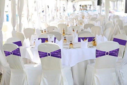 25 Pcs Chair Sashes Sequin Stretch Chair Bands Spandex Polyester Bows for Party Hotel Wedding Banquets Decoration - Purple