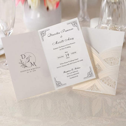 Hosmsua 50PCS Customized Ivory Wedding Invitations Kit 5.12x7.2 Inch Laser Cut Gold Foil Hollow Flora Lace Sleeve Pocket Wedding Quinceanera Invitation with Envelopes
