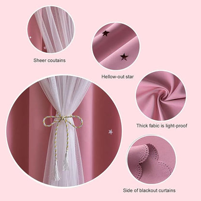FANLI 2 Panels Star Blackout Curtains for Kid Girls Bedroom Living Room Darking Stripe Double Layer Star Cut Out Wall Home Decor Gradient Grommet Window Curtains (Pink 95L)