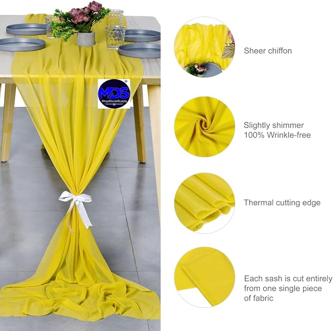 MDS Halloween Chiffon Table Runner - 15 Pack, 29 x 170 Inches, 14ft Each - Sheer Spooky Table Runners for Haunted House Parties, Trick-or-Treat Tables, Witchy Décor, Wedding & Events - Yellow