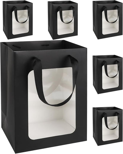 MOXARYSU 6 Pcs Black Gift Bags with Clear Window: 9.8x5.1x7.1 Inch Medium Kraft Paper Bags with Handle For Party Business Birthday Wedding (Black, 6p)