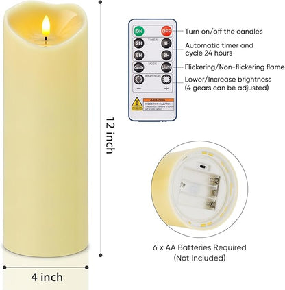 Amagic 4” x 12” Extra Large Waterproof Outdoor Flameless Candles, Battery Operated with Remote Control and Timer, Flickering LED Pillar Candle for Outdoor Patio Porch Decor, Dark Ivory, Set of 2