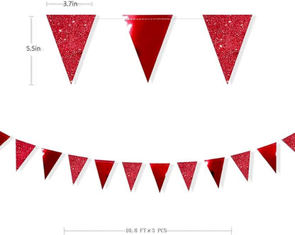 30Ft Red Party Decorations Glitter Metallic Paper Triangle Banner Flag Pennant Bunting for Graduation Wedding Engagement Anniversary Bachelorette Birthday Bridal Shower Valentines Hen Party Supplies