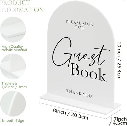 White Arch Acrylic Wedding Sign- 8"x10" Guest Book Sign and Base,1/8" Thick | Modern Calligraphy Arched Acrylic Table Sign for Wedding & Event Party