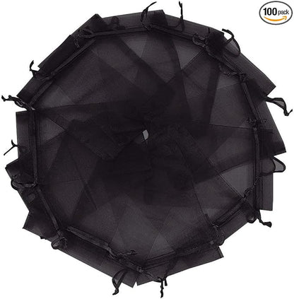 Wudygirl 100pcs Drawstring Organza Bags 5 x 7 Inch Black Transparent Jewelry Lipstick Pouches Baby Shower Party Wedding Holidays Favor Seashell Candy Favor Bags(Black 5x7'')