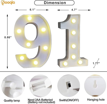 Pooqla Decorative LED Light Up Number Letters, White Plastic Marquee Number Lights Sign for 91th Birthday Party Wedding Decor, Battery Operated