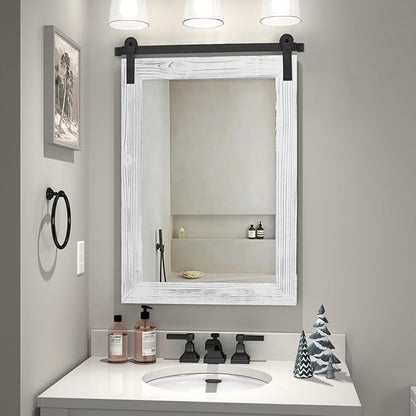 COGOOD Farmhouse Bathroom Mirror - 30 x 21 Rustic Wood Framed Wall Barn Door Mirror for Entryway, Living Room, Vanity Wall Decor (White)