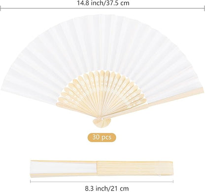 MCEAST 30 Pieces Silk Folding Fans with Bamboo Frames, Handheld Fan Foldable Fan for Wedding Gifts, Party Favors, Home Decoration, White
