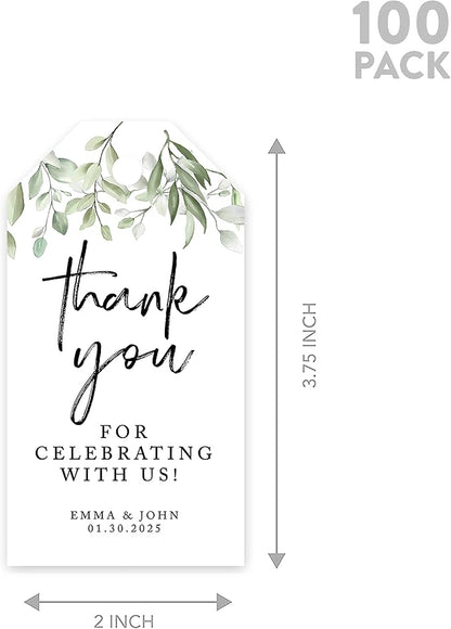 Andaz Press 100-Pack Personalized Thank You Wedding Favor Tags with Bakers Twine Greenery Leaves Custom Thank You Tags Wedding Gift Tags 2' X 3.75'