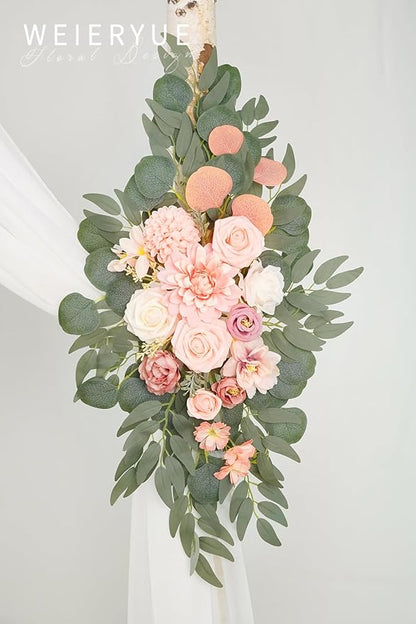 Artificial Wedding Arch Flowers Kit(Pack of 3),2Pcs Artificial Flower Arch Decor,1Pcs Sheer Drape for Wedding Ceremony Arbor for WeddingCeremony (Romantic Pink)