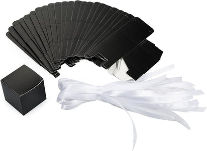 AWELL Black Gift Candy Box Bulk 2x2x2 inches with White Ribbon Party Favor Box,Pack of 50