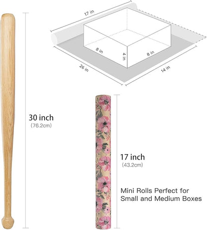 RUSPEPA Pink Wrapping Paper Roll, 17 in x 16.4 ft, Mini Roll, Floral Wrapping Paper, Kraft Gift Flower Paper for Women, Girls, Spring, Summer, Wedding and Engagement