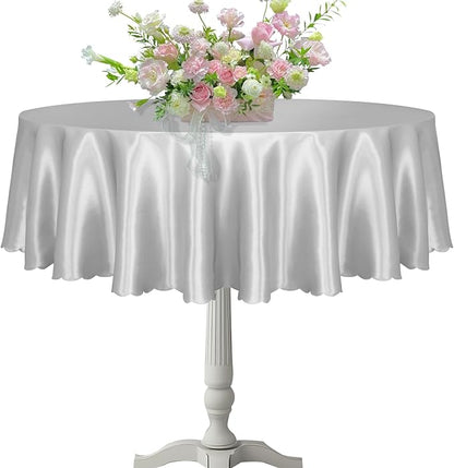 KKJIAF 1 Pack 60 Inch / 5ft Round Table Cloth, Silver Overlay Round Satin Table Cover, Silky Satin Dining Tablecloths for Wedding Buffet Parties Banquet Decoration
