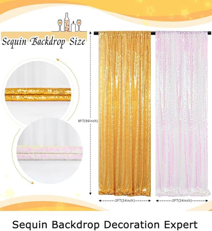 ShinyBeauty 4-Pack Sequin Photo Backdrop Curtains 2x8FT - Glitter Gold & Transparent White Sparkling Wall/Stage Background for Photography Studio, Birthdays, Weddings, Parties