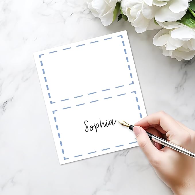25 Pack Blue Lines Place Cards, Editable Name Cards for Table Setting, Tent Cards Food Label for Dinner Party, Bridal Shower, Wedding, Baby Shower and Events -T17