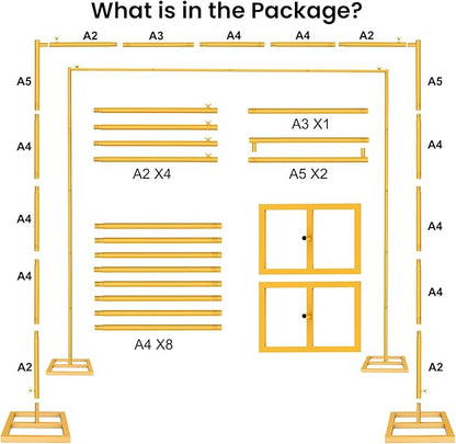 Backdrop Stand, 6.6FT x 6.6FT Backdrop Stand Heavy Duty, Gold Pipe and Drape Stand with Base Square Metal Arch Frame for Wedding, Birthday Party, Baby Shower Decorations