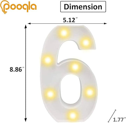 Pooqla Decorative LED Light Up Number Letters, White Plastic Marquee Lights Sign Party Wedding Decor, Battery Operated (6)