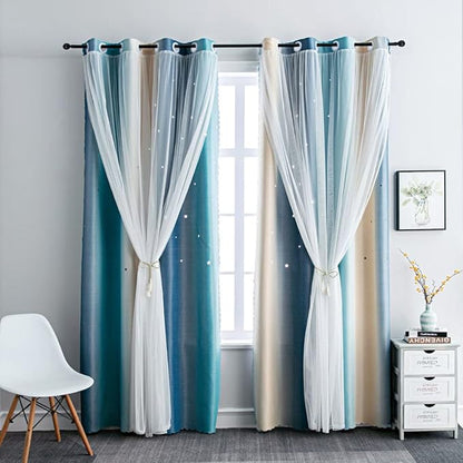FANLI Ombre Rainbow Blackout Curtains for Kid Girls Bedroom Living Room Darking Stripe Double Layer Star Cut Out Wall Home Decor Gradient Grommet Window Curtains (Blue/Yellow, 52W x 84L)