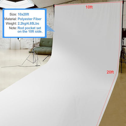 HEMMOTOP White Photo Backdrop Background, 10x20 ft White Screen for Photography, Seamless Photography Backdrops Backgrounds for Photo Video Recording (Backdrop only)