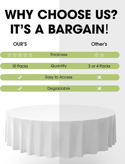 Pureegg Plastic Table Cloth Disposable 10 Pack, 84'' Round Table Cloths, Party, Picnic, Wedding, Decorative Tablecloths, Round, White Plastic Cover, Leakproof & Sturdy, White