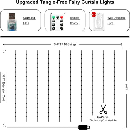 Fairy Curtain Lights Upgraded Tangle-Free Warm White USB Plug in 8 Modes String Hanging Lights with Remote for Christmas, Bedroom, Indoor, Outdoor, Weddings, Party (6.6FTx10FT)