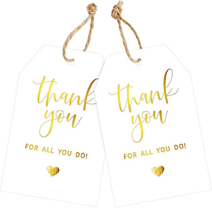 joycraft Thank You for All You Do Tags - 50Pcs Gold Foil Thank You Gift Tags with String, 3.3x2.2in Paper Gift Wrap Hangtags for Wedding, Teacher Appreciation, Mother's Day Thanksgiving, Christmas