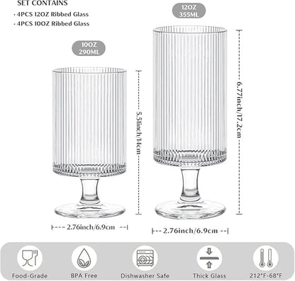 INSETLAN Set of 8 Ribbed Glass Goblets–4 Goblets Glassware 12oz, 4 Short Stem Wine Glasses 10oz, Vertical Stripe Stemmed Glassware, Ideal for Juice, Water, Iced Coffee, Whiskey, Mixed Drinkware