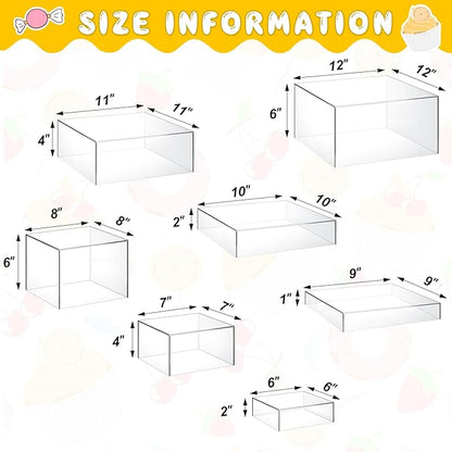 Leinuosen 7 Pcs Large Buffet Risers Set 6" to 12" Acrylic Display Box Catering Dessert Table Riser Food Display Decorative Stand with Hollow Bottom for Catering Supplies(Clear, Square)