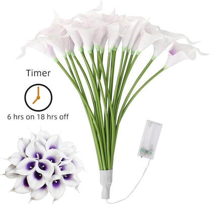 20pcs Artificial Calla Lily Bouquet Lamp Faux Floarl Night Light Real Touch Flower Night Lamp LED Calla Lily Artificial Flower Light Home Kitchen Decor(Whitepurple)