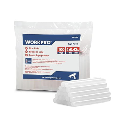 WORKPRO Full Size Hot Glue Sticks, 100-pack, 0.43x4 Inches, Compatible with Most Glue Guns, Multipurpose for DIY Art Craft General Repairs, Home Decorations and Gluing Projects
